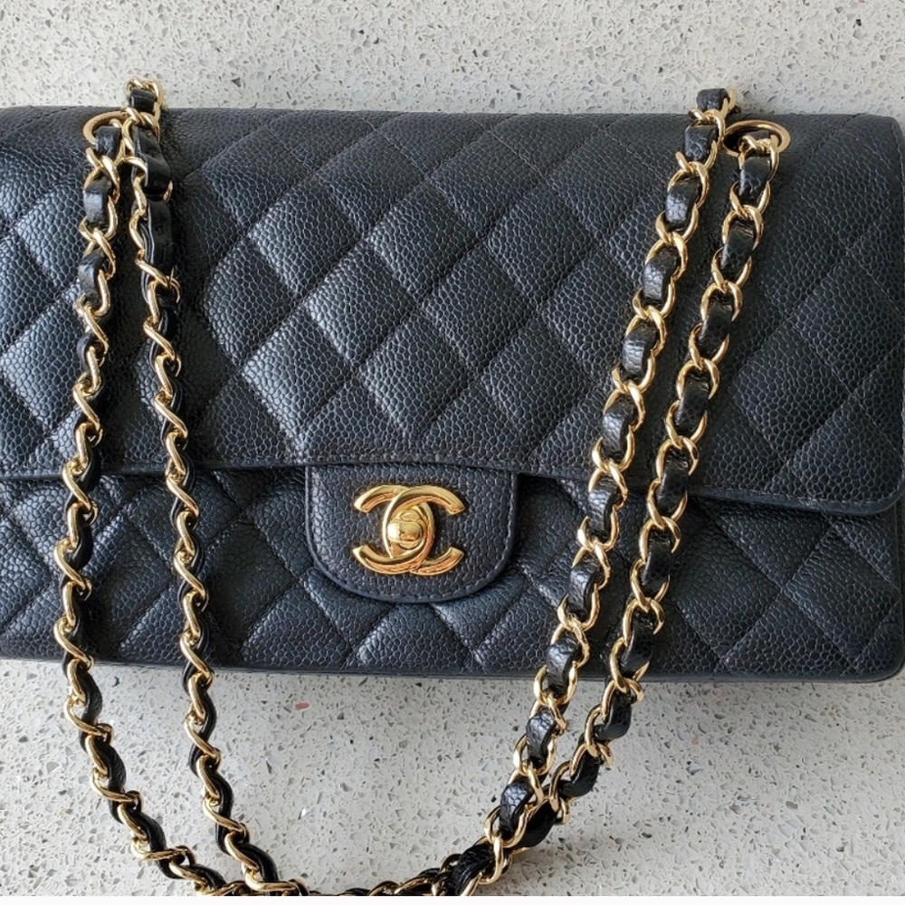 Chanel Classic Caviar Leather Black Gold Tone